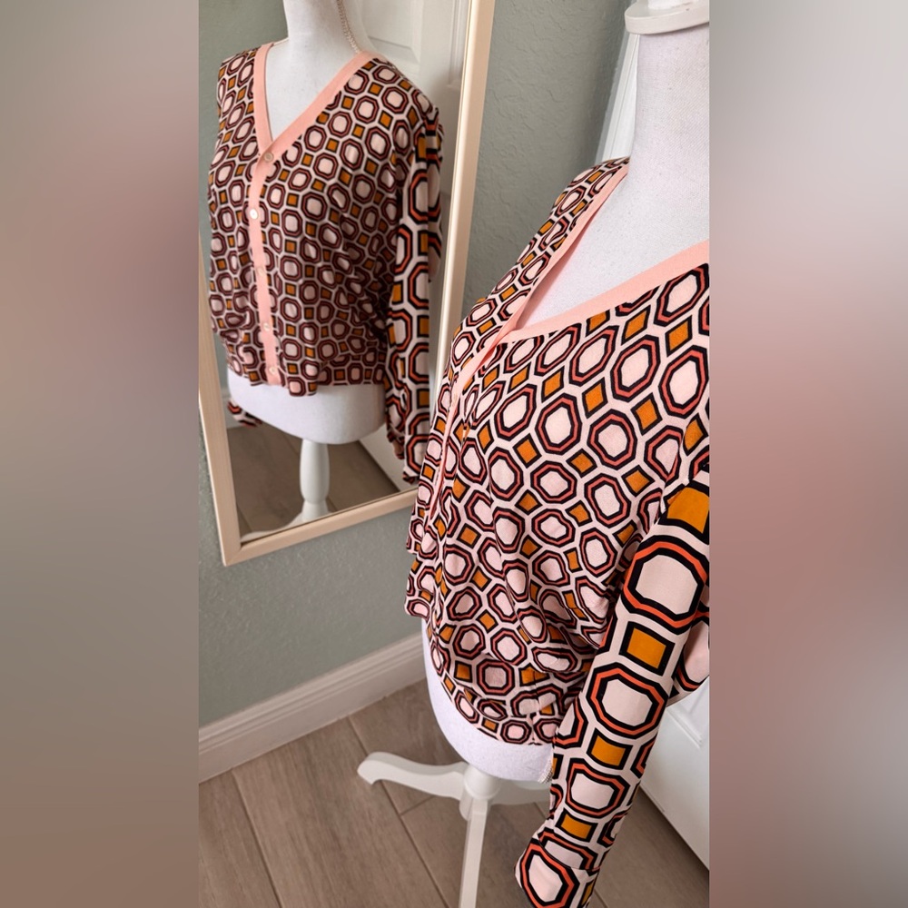 Tory Burch Wesley Cardigan Sweater Size Lrg Peach Geometric Print Silk Sleeves - Picture 11 of 16